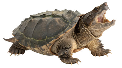 Alligator Snapping Turtle Powerful Reptile in Dynamic Side Pose on Transparent Background 