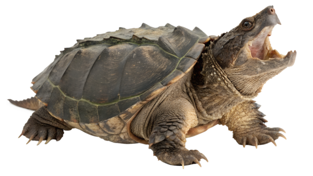 Alligator Snapping Turtle Powerful Reptile in Dynamic Side Pose on Transparent Background	