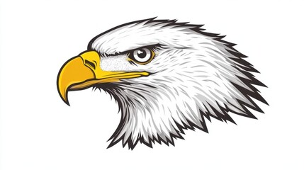 Obraz premium Detailed illustration of a majestic bald eagle head with sharp focus on its beak and intense gaze. Striking black and white plumage