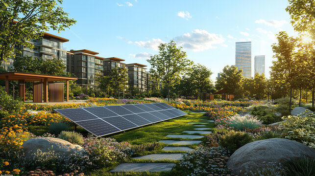 Solar panels generating electricity in city park, modern building background Sustainable development green earth emphasize on environmental conservation, climate change using clean energy Illustration