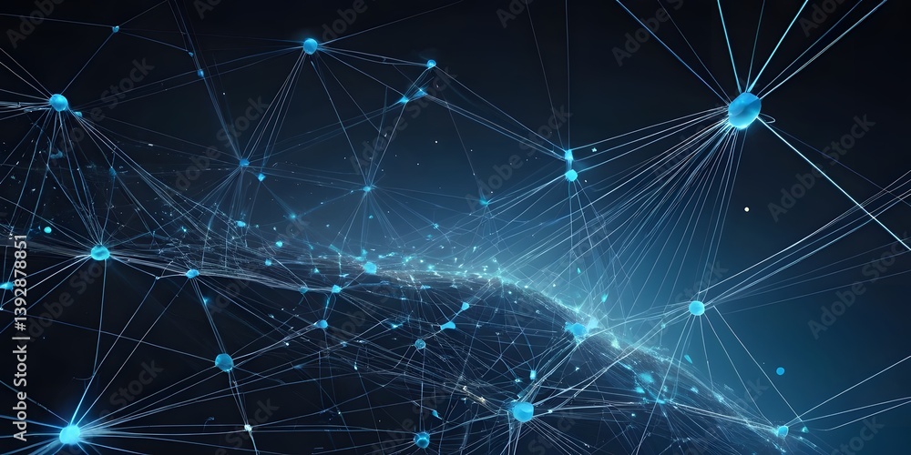 Poster abstract blue network, a futuristic digital landscape, with interconnected points and glowing dots, 