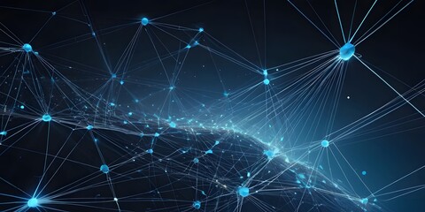 Abstract Blue Network, A Futuristic Digital Landscape, With Interconnected Points And Glowing Dots, Suggesting Vast Data Networks. This Visual Evokes Information Flow And Virtual Environments.
