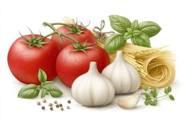 A watercolor recipe illustration of pasta ingredients like tomatoes, basil, and garlic arranged artistically