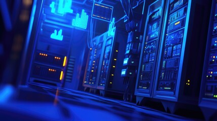 Futuristic server room with glowing displays