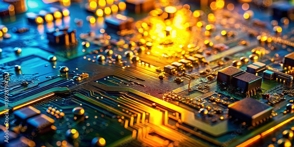 Poster intricate circuit board detail from a san francisco tech hub a macro exploration of modern electroni
