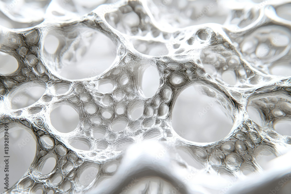 Poster an abstract close-up showcases an intricate, porous structure with organic, cellular patterns in sha
