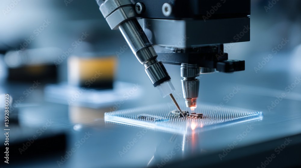 Poster close up view of a microchip under a microscope with a red light shining on the circuit