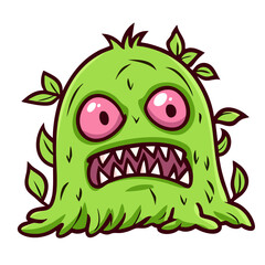 Fototapeta premium Green forest monster, scary pink eyed creature made of moss grass and leaves, grassman with open mouth with teeth, hand drawn doodle cartoon character clip art, isolated simple vector illustration
