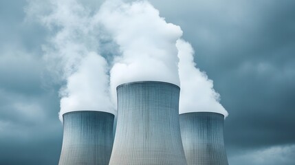 Powerful Cooling Towers Emitting Billowing Smoke Against Stormy Clouds