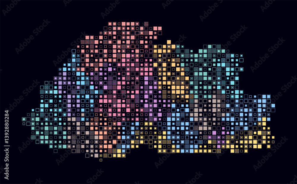 Poster bhutan, shape of the country build of colored cells. digital style map of the bhutan on dark backgro