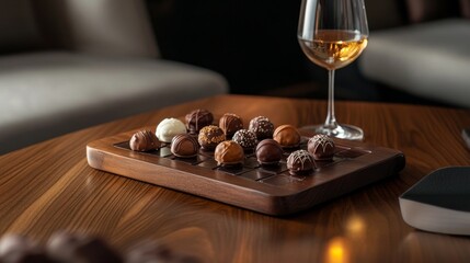 A gourmet chocolate tasting session with luxury chocolates displayed elegantly on a polished wooden table