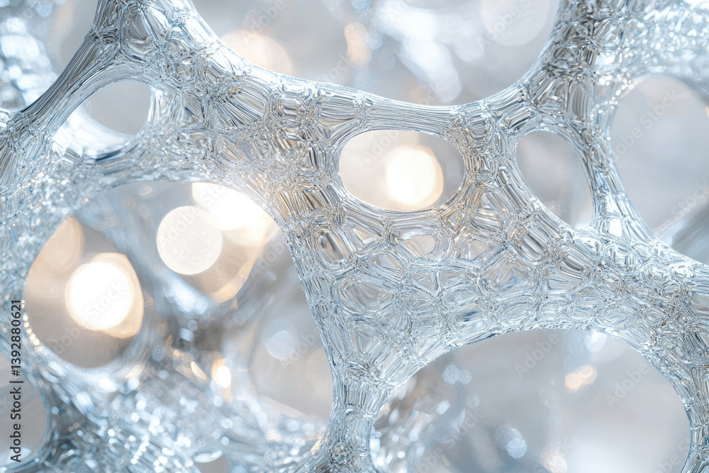 Poster An intricate silver structure with honeycomb patterns and soft glowing lights behind, creating a futuristic aesthetic.