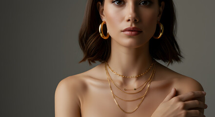 Woman wearing chunky gold hoop earrings and a layered gold chain necklace, set against a soft, neutral background with warm lighting that highlights the jewelry shine.