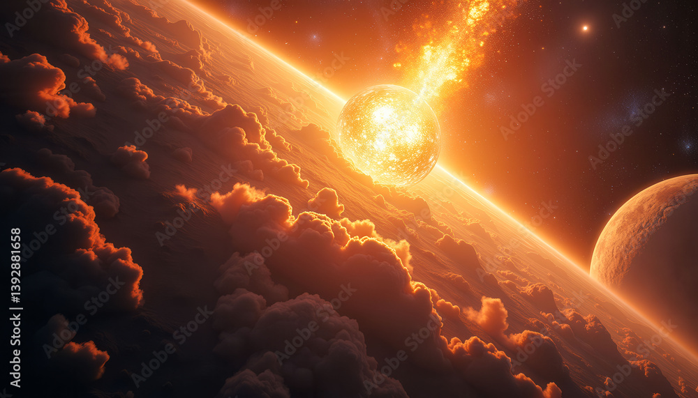 Poster a planet with a large crater on it and a small planet in the background. the scene is set in space a