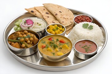 Authentic Indian Vegetarian Thali with Rice, Roti, and Assorted Curries