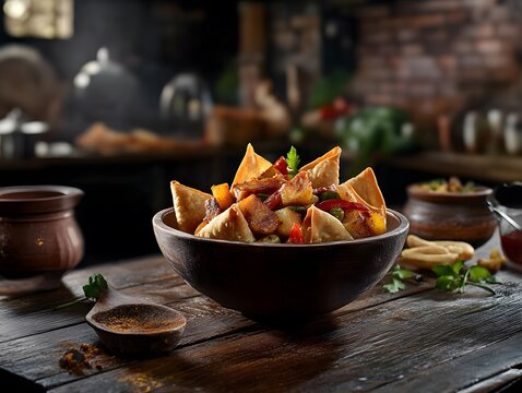 Traditional Samsa or Samosas Filled with Spiced Meat and Vegetables in a Serving Bowl, bowl of nachos with guacamole