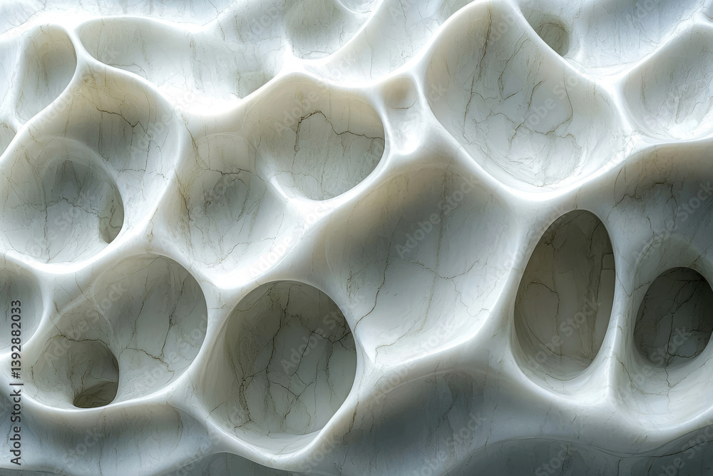 Poster A close-up view of a porous, white, marble-like structure with rounded holes and subtle veins running throughout its smooth surface.