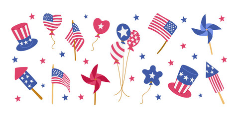 Hand drawn collection of American Independence Day symbols including flags, balloons, rockets, hats and stars. Represents patriotism, national pride and 4th of July celebration