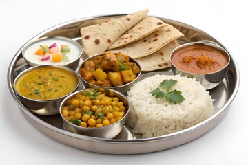 Authentic Indian Vegetarian Thali with Rice, Roti, and Assorted Curries