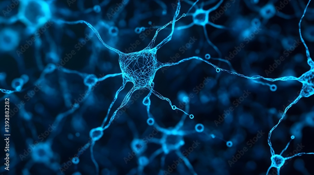 Aufkleber futuristic neural network of interconnected glowing blue neurons and synapses