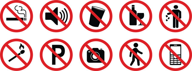 Prohibition sign icon set. Restrictions public sign vector isolated on transparent background. Universally indicating restriction or prohibited symbols. Vector illustration. © Mon Amour