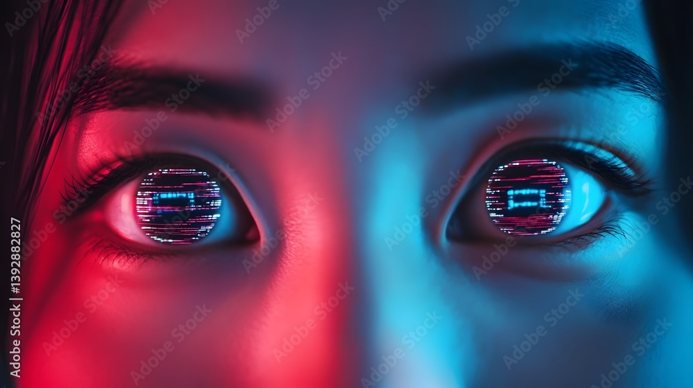 Poster futuristic digital eyes interacting with data analytics and surveillance virtual interface