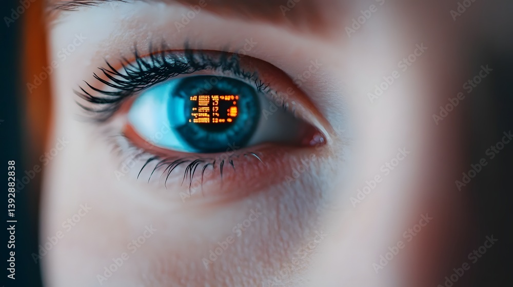 Poster futuristic eye interacting with virtual data analytics and surveillance system
