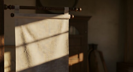 A scroll hanging from a wooden rod with sunlight streaming across it in a dimly lit room interior
