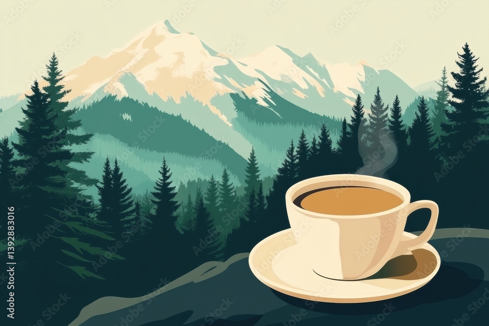 Aufkleber coffee steaming in the mountains with pine trees in the background during a tranquil morning