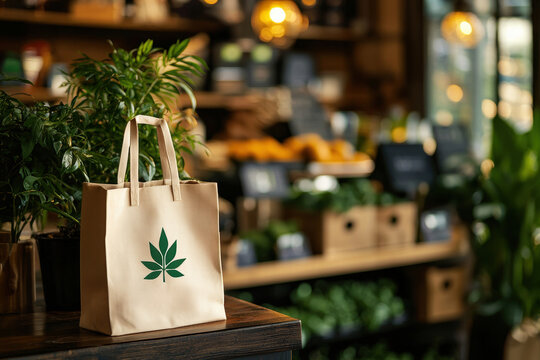 Eco friendly shopping bag with leaf design vibrant market filled with fresh produce and plants