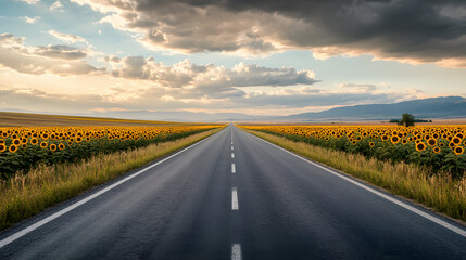 Naklejka premium road, sky, highway, landscape, asphalt, travel, nature, horizon, field, cloud, clouds, rural, empty, countryside, summer, grass, long, street, way, car, line, green, speed, route, country