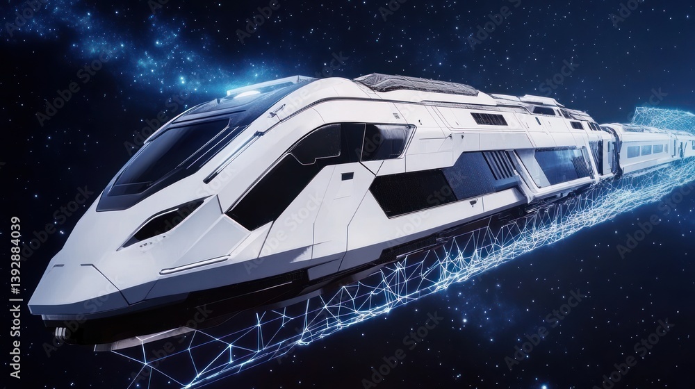 Poster futuristic train conceptualization speeding through space with digital links