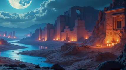A desert landscape with a river and a large moon in the sky. The scene is dark and mysterious, with the moon casting an eerie glow on the landscape
