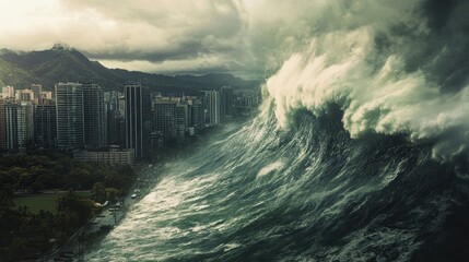 City buldings and giant tide wave ravaging coast town in a hurricane storm.