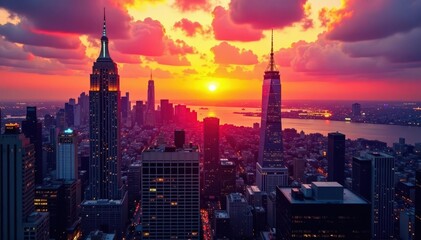 Naklejka premium Vibrant sunrise paints NYC buildings with warm hues , architecture photography, manhattan, skyline