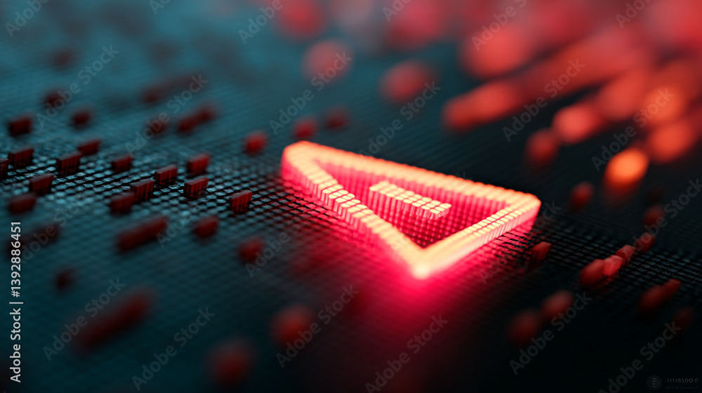 Poster close up of a red glowing triangle symbol on a dark surface with red dots surrounding it