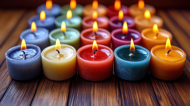 Colorful candles arranged on wooden surface illuminate serenity and warmth