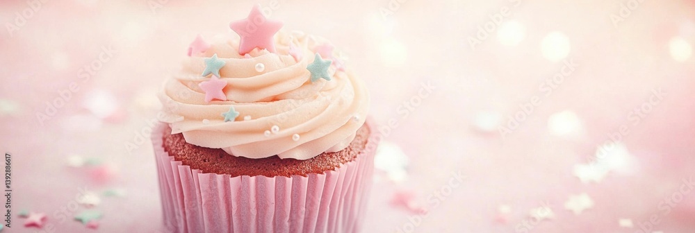 Poster delicious cupcake topped with pastel icing and star sprinkles on soft paper texture in a bright and 