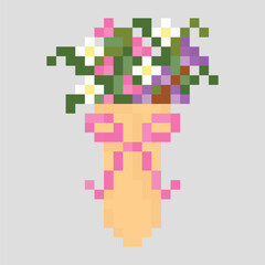 A cute pixel art flower bouquet in a peach vase with pink ribbon and colorful flowers on a gray background.