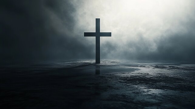Christian cross silhouette in dramatic dark background faith hope religion easter good friday crucifixion scene