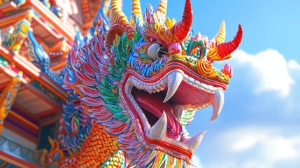 Vibrant, ornate dragon sculpture with an open mouth and sharp teeth against a blue sky. Detailed and colorful architectural element