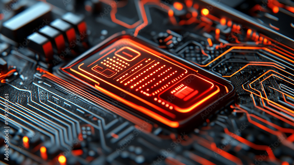 Poster exploring advanced circuitry technology laboratory visual art high-tech environment close-up perspec