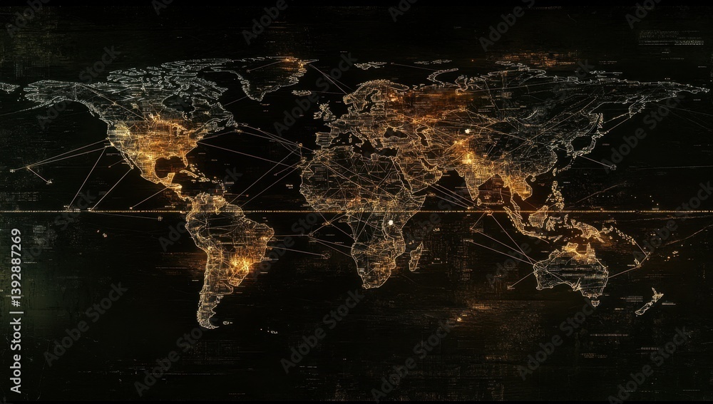 Poster digital map of the world with global network connections and data flow lines connecting cities acros