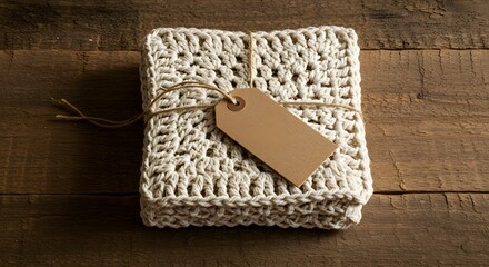 Stack of crocheted dishcloths tied with twine and a blank tag on a rustic wooden surface top view