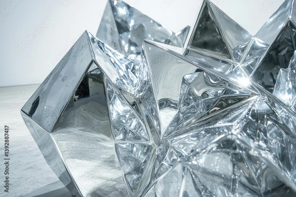 Poster a gleaming, geometric sculpture in metallic silver, featuring angular planes that catch the light an