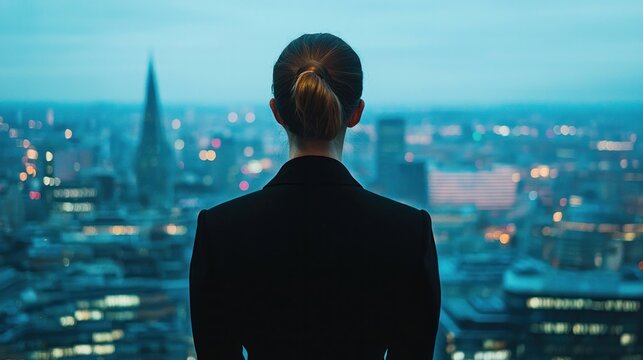 Confident sale woman overlooking cityscape business hub gigapixel hq focus urban environment inspirational view