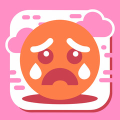 A distressed orange emoji shedding tears under a pink cloudy sky, conveying sadness and vulnerability with a bold, flat design.