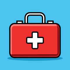 A red first-aid kit, a symbol of hope and readiness for emergencies, displayed boldly against a bright blue background with simple, clean lines.
