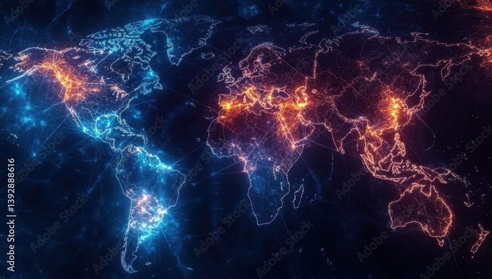 Poster digital map of the world with glowing connections between cities and borders, representing global co