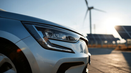 Fototapeta premium Close up of a silver car with a wind turbine and solar panels in the background on a sunny day